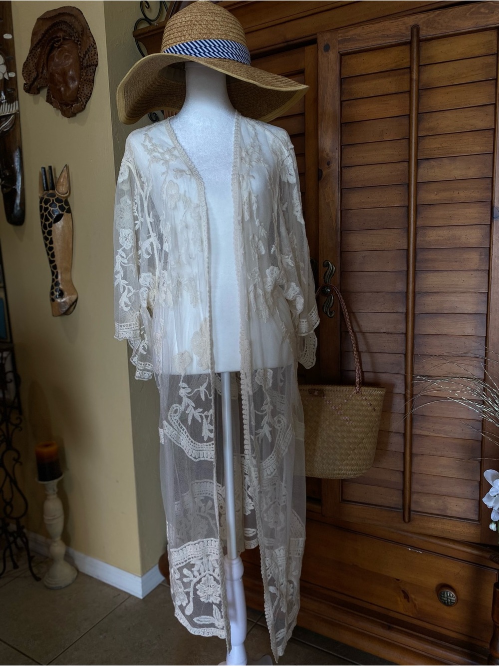 Camo Sheer Embroidered Lace Long Kimono in Cream